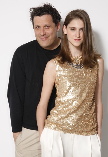 Isaac Mizrahi with a model wearing his gold tank and silk pants for QVC; photo courtesy of WWD.com