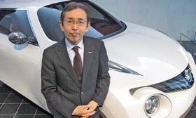Nissan global design chief Shiro Nakamura with the new Juke small crossover. Besides better aerodynamics and less wind noise, disconnecting the front and rear lamps from the contour of the car body “gives us more design freedom,” he says. (Photo by Hans Greimel.)