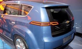 General Motors showed off its mpg-boosting Chevrolet MPV5 concept, with its sharply creased edges at the rear, at the Beijing motor show. (Photo, by Hans Greimel, courtesy of AutoWeek.)