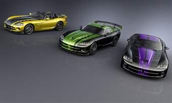 Three special-edition Vipers created for select customers are shown. A new program will allow dealerships to tailor paint schemes for truly unique Vipers for a few lucky enthusiasts.(photo courtesy of Chrysler)