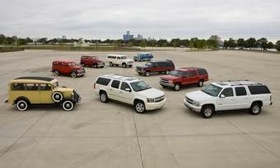 Seventy-five years of the Chevrolet Suburban (clockwise from left), 1936, 1946, 1951, 1966, 1972, 1990, 1999, 2002 and 2010 75th Anniversary Diamond Edition (center). (Photo courtesy of Chevrolet.)
